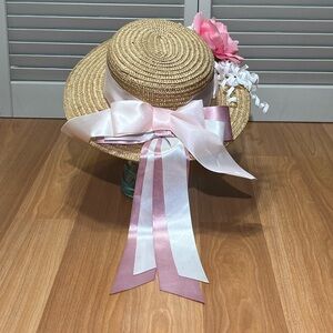 Vintage Laura Ashley 100% straw boater hat pink rose & ribbons